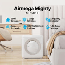 Load image into Gallery viewer, Coway Airmega AP-1512HH(W) True HEPA Purifier with Air Quality Monitoring, Auto, Timer, Filter Indicator, and Eco Mode, 16.8 x 18.3 x 9.7, White
