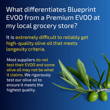 Load image into Gallery viewer, Blueprint Bryan Johnson Extra Virgin Olive Oil - Cold Pressed Polyphenol Rich EVOO (over 400 mg/kg), Smooth Peppery Flavor, Keto & Paleo Friendly, 3rd Party Verified, Single Source, 750ml Glass Bottle