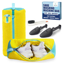 Load image into Gallery viewer, Shoe Washing Machine Bag –2 Pcs Reusable Laundry Shoe Bag with Brush & Shoe Trees, 360° Deep Cleaning Sneaker Washing Machine Bag, Fits All Shoe Types & Sizes (Yellow, 14.8 × 7.4 Inches)