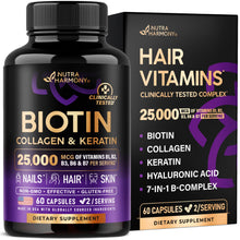 Load image into Gallery viewer, Biotin | Collagen | Hyaluronic Acid | Keratin - Support Normal Hair Growth Cycle, Skin & Nails - Clinically Tested - 25000mcg Vitamins B1, B2, B3, B6 & B7 - for Women & Men - Made in USA | 60 Capsules