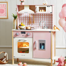 Load image into Gallery viewer, Tiny Land Kids Kitchen Playset, Height Adjustable Wooden Play Kitchen Set w/Real Lights & Sounds, 18 Pcs Toy Food & Cookware Accessories, Ideal Role Play Toy Gift for Toddlers Girls Ages 3-8, Pink