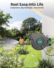 Load image into Gallery viewer, AYURA Retractable Garden Hose Reel 100 ft x 1/2 inch with Pro Metal Shaft, Heavy Duty Automatic Garden Hose Reels with Kink-Free Rewind and Lock at Any Length, Wall Mount Water Hose Reel for Outside