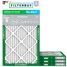 Load image into Gallery viewer, Filterbuy 16x25x1 Air Filter MERV 8 Essential Dust & Allergy Defense (4-Pack), Electrostatic Pleated HVAC AC Furnace Filters Replacement (Actual Size: 15.50 x 24.50 x 0.75)