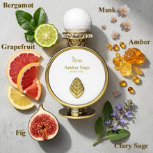 Load image into Gallery viewer, AHUJA Amber Sage – 3.4 oz Parfum | Unisex Fresh Aromatic Scent | 30% Long Lasting Oil | Bergamot, Grapefruit, Fig, Clary Sage, Amber, Musk | Luxury White Gold Gift Box | “Not All Storms Are Loud”
