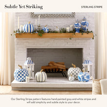 Load image into Gallery viewer, MACKENZIE-CHILDS Medium Pumpkin, Resin Halloween Home Decor, Gray-and-White Sterling Stripe