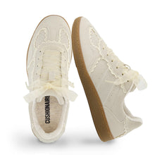 Load image into Gallery viewer, CUSHIONAIRE Belinda Women’s Lace Detail Casual Sneakers – Elegant Ribbon Lace-Up Shoes with Memory Foam, Ivory Vegan Suede 7