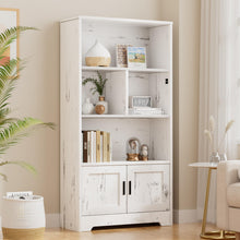 Load image into Gallery viewer, IDEALHOUSE Wood Bookcase with Doors White Bookshelf with LED Lights Modern Storage Rack 3 Shelf Standing Bookshelves Large Display Shelf Unique Book Shelf for Bedroom, Living Room, Home Office