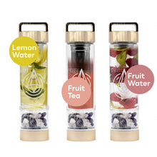 Load image into Gallery viewer, Doyzee Complete Crystal Water Bottle Three Interchangeable Healing Crystals – Rose Quartz, Amethyst, Clear Quartz – Tea Infuser Loose Leaf Tea Bottle – Gem Elixir Infused Glass Water Bottle