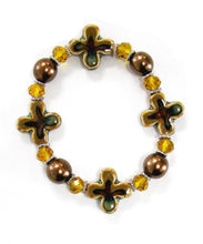 Load image into Gallery viewer, Linpeng Women Porcelain Cross Pearl & Crystal Beads Stretch Bracelet, Gloden Brown