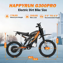 Load image into Gallery viewer, HAPPYRUN G300 Pro Electric Dirt Bike for Adults, 72V 30Ah Battery, 6500W Motor, 50 MPH Speed, 70 Mile Range, 350 Lbs Load Capacity, Hydraulic Brakes (Black)