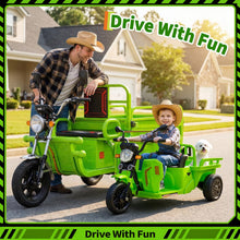 Load image into Gallery viewer, 3-Wheels Electric Tricycle w/Trailer, 12V Battery Powered Kids Motorcycle with Sand Shovel, 2x55W Motors, Bluetooth, Music, Headlight, Ride on Motorcycle for Kids Toddlers, Gift for Boys Girls, Green