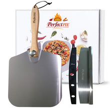 Load image into Gallery viewer, THE PERFECT PIE Premium Pizza Peel 12" x 14" Aluminum Pizza Paddle with Foldable Handle for Storage and 14” Rocker Cutter with Protective Cover. Gourmet Spatula and Cutter Set for Homemade Pizza.