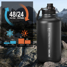 Load image into Gallery viewer, OneTigris Tactical Half Gallon Water Bottle with Straw - 64 oz Vacuum Insulated Stainless Steel Water Jug, Leakproof Sport Bottle with 3 BPA Free Lids, Paracord Handle & MOLLE Water Pouch for Outdoor