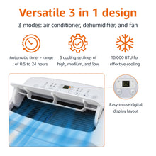 Load image into Gallery viewer, Amazon Basics 3-In-1 Portable Air Conditioner with Remote, Timer, Sleep Mode, Auto Swing, Dehumidifier, 10000 BTU (ASHRAE)/6000 BTU (SACC), Cools Bedroom Up to 450 Sqf, White