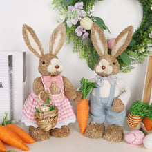 Load image into Gallery viewer, DR.DUDU Set of 2 Easter Decorations for Home- 14" Sisal Bunny Figurines with Carrot & Egg, Spring Straw Bunny Couple Farmhouse Centerpieces for Tables, Easter Rabbits Decor