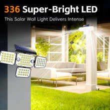 Load image into Gallery viewer, FAXBOX Solar Lights Outdoor 336 LED, Motion Sensor Security Wall Light with Remote, Split 4-Head Adjustable Design, 2400mAh Battery, Waterproof IP65 Garage, Driveway, Garden, Courtyard Lighting(2Pack