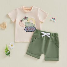 Load image into Gallery viewer, FOCUSNORM Toddler Baby Boy Summer Clothes Excavator Embroidery Short Sleeve T-Shirt Elastic Waist Shorts Set 2 Piece Outfit (Cute Green, 12-18 Months)