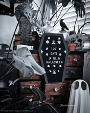 Load image into Gallery viewer, Coffin Letter Board Black With Spooky and All Seasons Emojis +500 Characters, and Wooden Stand - 17x10.5 Inches - Halloween Decorations Gothic Decor Spooky Gifts