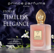 Load image into Gallery viewer, Prince Parfums Dubai - Story of Vanille Patchouli For Women - 3.4 Ounces - Extrait de Parfum - Alluring Floral Fusion of Vanilla, Patchouli & Tonka Bean - Scent of Seductive Allure & Timeless Elegance