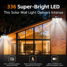 Load image into Gallery viewer, FAXBOX Solar Lights Outdoor 336 LED, Motion Sensor Security Wall Light with Remote, Split 4-Head Adjustable Design, 2400mAh Battery, Waterproof IP65 Garage, Driveway, Garden, Courtyard Lighting(2Pack