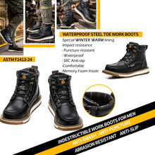 Load image into Gallery viewer, KELODON Waterproof Steel Toe Boots For Men-6" Leather Moc Toe Winter Warm Work Boots Mens Steel Toe Shoes Indestructible Non Slip Resistant Construction Safety Boot,Black,size 9.5 Men