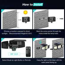Load image into Gallery viewer, Tuffenough Solar Outdoor Lights 2500LM 210 LED Security Lights with Remote Control,3 Heads Motion Sensor Lights, IP65 Waterproof,270° Wide Angle Flood Wall Lights with 3 Modes(2 Packs)
