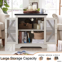 Load image into Gallery viewer, JXQTLINGMU Farmhouse End Table, 24" Large Sofa Side Table with Charging Station, Mesh Barn Door, and Adjustable Storage Shelf, Rustic Wood Square Nightstand for Living Room, Bedroom, Office, White