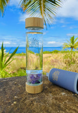 Load image into Gallery viewer, Simply Crystal Bamboo Water Bottle w/Infuser and carrying sleeve for hot and cold drinks. Luxury gift for women, yoga, and meditation with crystal mix (Clear Quartz, Tiger Eye, Green Fluorite)