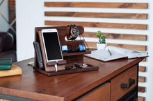 Load image into Gallery viewer, TESLYAR Wood Phone Docking Station for Men - Desk or Nightstand Organizer - Birthday Gifts for Husband or Dad - Anniversary Idea from Wife - Key Holder, Stand Wallet, Watch & Essentials (Brown)