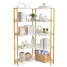 Load image into Gallery viewer, Alaxgumrol White L-Shaped Bookshelf, Modern Corner Bookshelf 5-Shelf Corner Bookcase for Display CDs Movies with Metal Frame Corner l Shelf Storage for Bedroom Living Room Home Office Kitchen