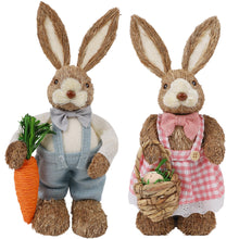 Load image into Gallery viewer, DR.DUDU Set of 2 Easter Decorations for Home- 14" Sisal Bunny Figurines with Carrot & Egg, Spring Straw Bunny Couple Farmhouse Centerpieces for Tables, Easter Rabbits Decor