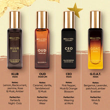 Load image into Gallery viewer, Bella Vita Luxury Long Lasting Perfume Gift Set for Man | 4x20ml | Gifts for Men | Woody, Citrusy, Oud, Premium Fragrance Scent | KLUB, OUD, CEO, G.O.A.T