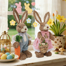 Load image into Gallery viewer, DR.DUDU Set of 2 Easter Decorations for Home- 14" Sisal Bunny Figurines with Carrot & Egg, Spring Straw Bunny Couple Farmhouse Centerpieces for Tables, Easter Rabbits Decor