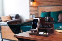 Load image into Gallery viewer, TESLYAR Wood Phone Docking Station for Men - Desk or Nightstand Organizer - Birthday Gifts for Husband or Dad - Anniversary Idea from Wife - Key Holder, Stand Wallet, Watch & Essentials (Brown)