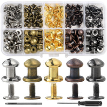 Load image into Gallery viewer, YORANYO 75 Sets 8MM Round Head Button Stud for Leather Chicago Screws Spikes and Stud Leather Rivets Screws Button Rivets for Repair and Decorate Clothing Shoes Belts Bags Dog Collars (Mixed in Box)