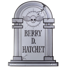 Load image into Gallery viewer, 3-D Metal Halloween Ghost XL 17" Tombstone w Stakes -BERRY D HATCHET- Durable, Rustproof, UV Raised Printing- Upgrade Your Haunted House Mansion w Cemetary Lawn Decor- No More Flimsy Foam Graveyards