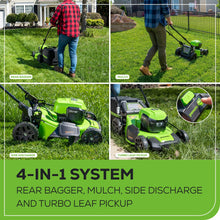 Load image into Gallery viewer, Greenworks 48V (24V x 2) 20" Brushless Cordless Lawn Mower + 12" String Trimmer + 320 CFM Leaf Blower Combo Kit with (2) 4.0Ah Batteries & Dual Port Fast Charger