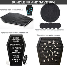Load image into Gallery viewer, Coffin Letter Board Black With Spooky and All Seasons Emojis +500 Characters, and Wooden Stand - 17x10.5 Inches - Halloween Decorations Gothic Decor Spooky Gifts