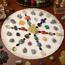 Load image into Gallery viewer, Oletiacisi 38 Pcs Crystals and Healing Stones. 65 oz Healing Crystal Set for Meditation, Crystal Collection, Decor. Oletiacisi Crystal Abundance Set. Sacred Geometric mat Help Setup a Crystal Grid