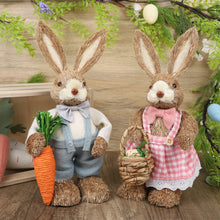 Load image into Gallery viewer, DR.DUDU Set of 2 Easter Decorations for Home- 14" Sisal Bunny Figurines with Carrot & Egg, Spring Straw Bunny Couple Farmhouse Centerpieces for Tables, Easter Rabbits Decor