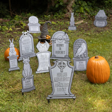 Load image into Gallery viewer, 3-D Metal Halloween Ghost XL 17" Tombstone w Stakes -BERRY D HATCHET- Durable, Rustproof, UV Raised Printing- Upgrade Your Haunted House Mansion w Cemetary Lawn Decor- No More Flimsy Foam Graveyards