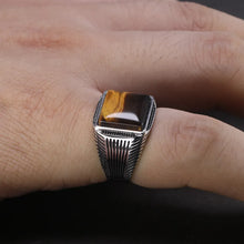 Load image into Gallery viewer, Authentic Sterling Silver 925 Man Ring With Tiger Eyes Fine Jewelry Stripe Pattern Natural Stone Cool Retro Punk Ringen