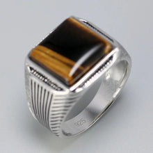 Load image into Gallery viewer, Authentic Sterling Silver 925 Man Ring With Tiger Eyes Fine Jewelry Stripe Pattern Natural Stone Cool Retro Punk Ringen
