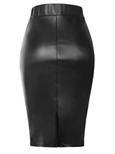 Load image into Gallery viewer, MixMatchy Women's Solid High Waist Knee Length Back Split Faux Leather Skirt Black M
