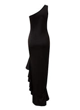 Load image into Gallery viewer, Fleur Wood Women's Elegant Twist Front Ruffle High Low Hem One Shoulder Cocktail Party Evening Maxi Dress Black