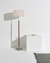 Load image into Gallery viewer, Brightech Carter - Floor Lamp for Mid Century Modern Living Rooms - Contemporary Office & Bedroom Standing Light - Tall Pole, Drum Shade Lamp with Walnut Wood Finish