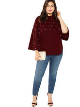 Load image into Gallery viewer, Romwe Women's Plus Elegant Pearls Beaded Long Sleeve Blouse Top Burgundy 0XL