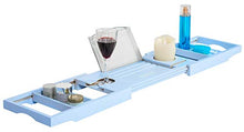 Load image into Gallery viewer, Aquaa Life Classy Blue Bathtub Tray, Expandable Bamboo Bathtub Caddy Tray, Wooden Bath Tray, Two Person Extendable Bath Tray with Wine Phone Book and Soap Holder, Luxury Bathtub Accessories Set