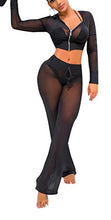 Load image into Gallery viewer, Bluewolfsea Women's Sexy Party Club Mesh See Through Zipper Hoodie Crop Tops and Pants Set Wide Leg Long Pants Jumpsuit Large Black