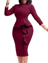 Load image into Gallery viewer, Mizoci Women's Sexy Long Sleeve Elegant Bodycon Ruffle Formal Midi Cocktail Party Dress, Small, Wine Red